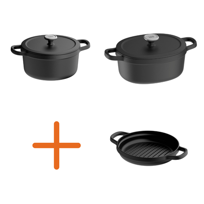 PROMO Graphit-Gusseisen – 2 Kookpotten + GRATIS Grillpfanne